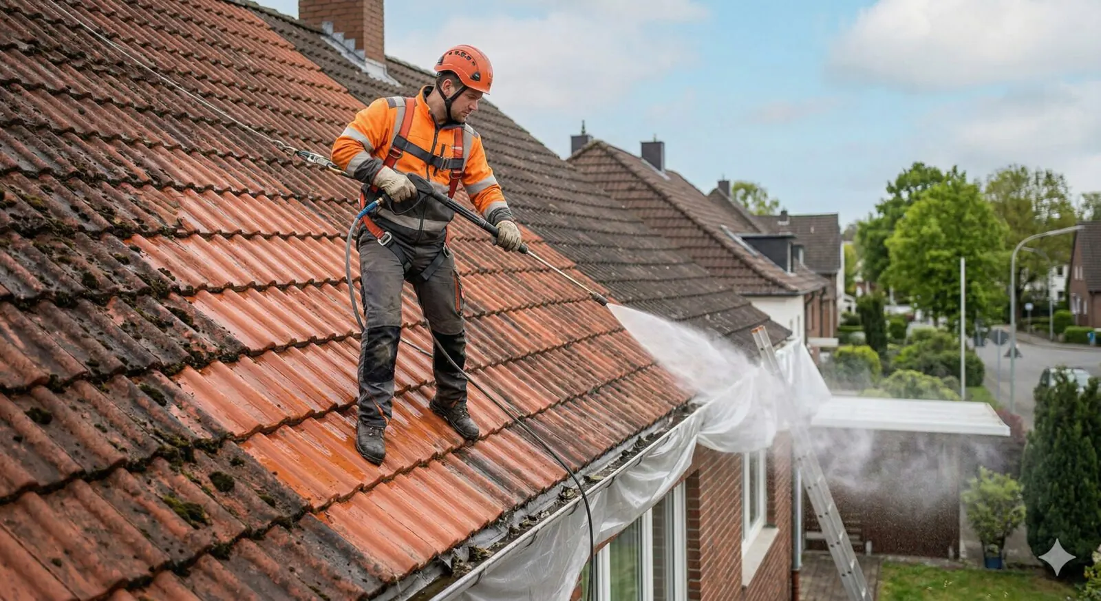 Moos wird mit Wasserdruck von Dachziegeln entfernt