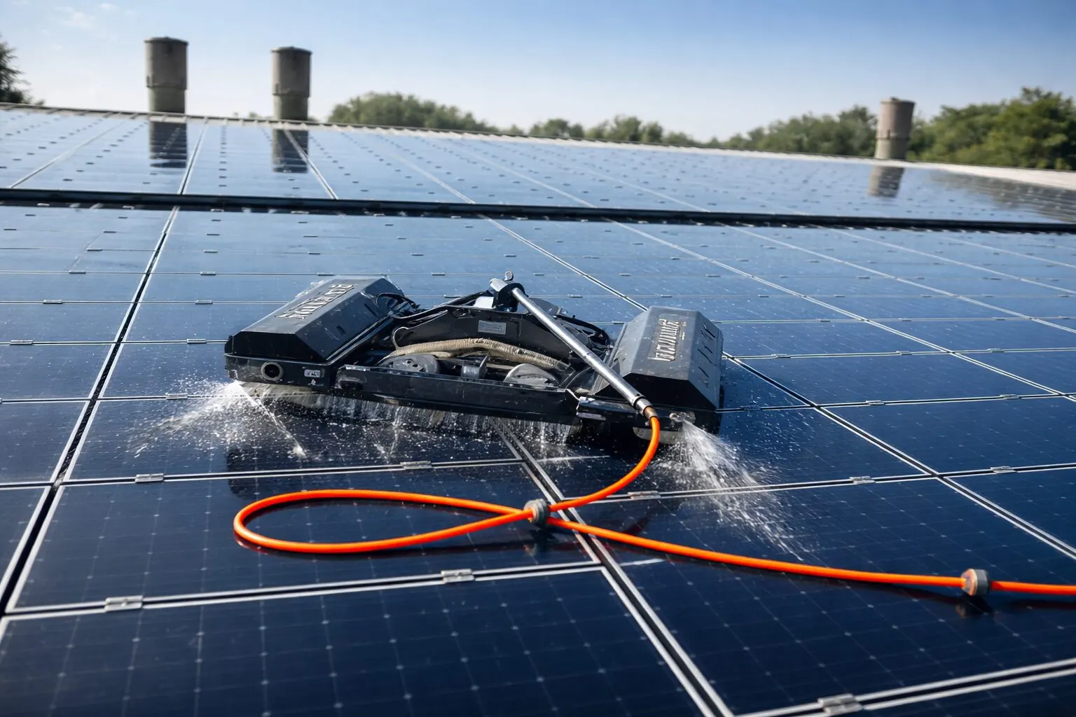 Reinigung von Solarmodulen auf einem Dach